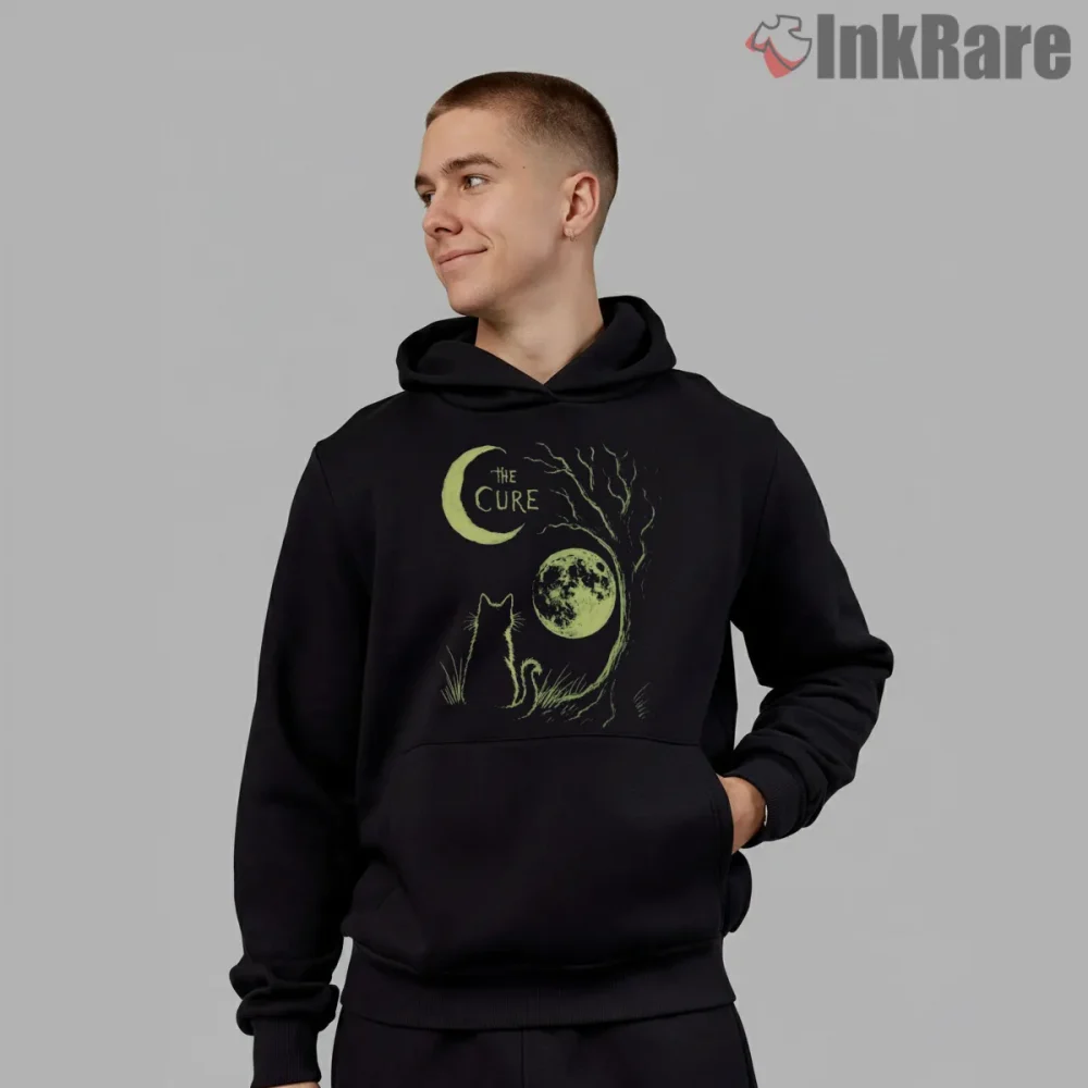 The Cure Moonlit Cat Gothic Shirt on black hoodie for men graphic tee