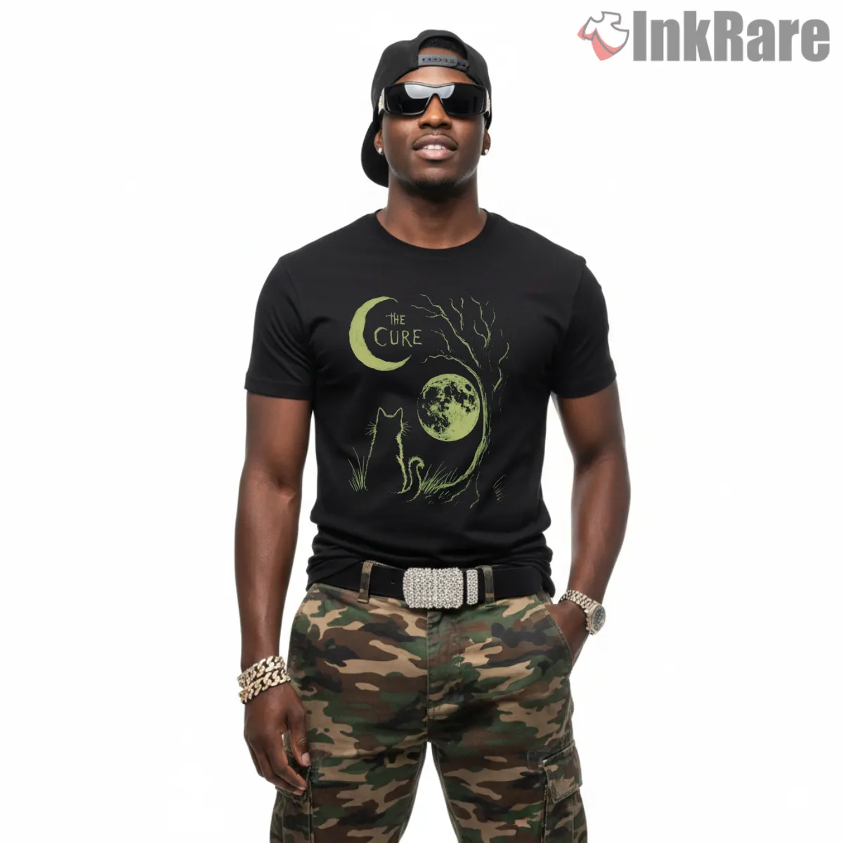 The Cure Moonlit Cat Gothic Shirt on black short sleeve shirt for men graphic tee