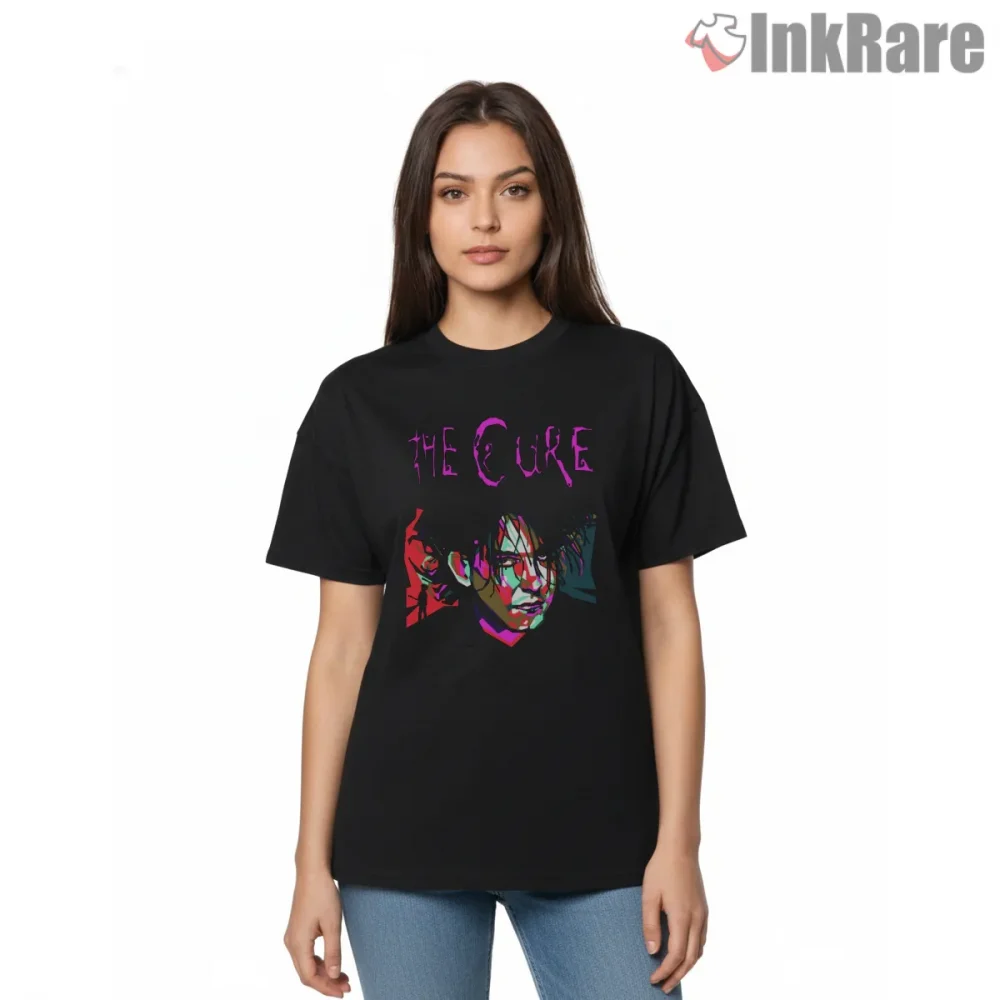 The Cure Neon Gothic Portrait Shirt on black short sleeve shirt for women graphic tee
