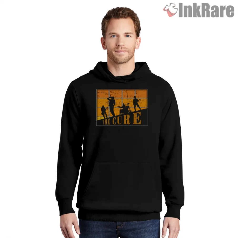 The Cure Orange Shadow Stage Shirt on black hoodie for men graphic tee