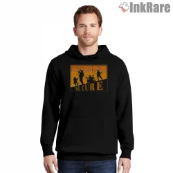 The Cure Orange Shadow Stage Shirt on black hoodie for men graphic tee