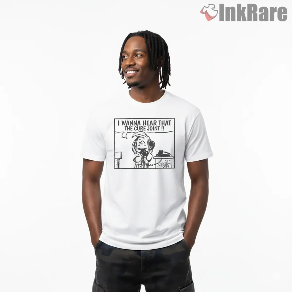 The Cure Peanuts Lucy Crossover Shirt on white short sleeve shirt for men graphic tee