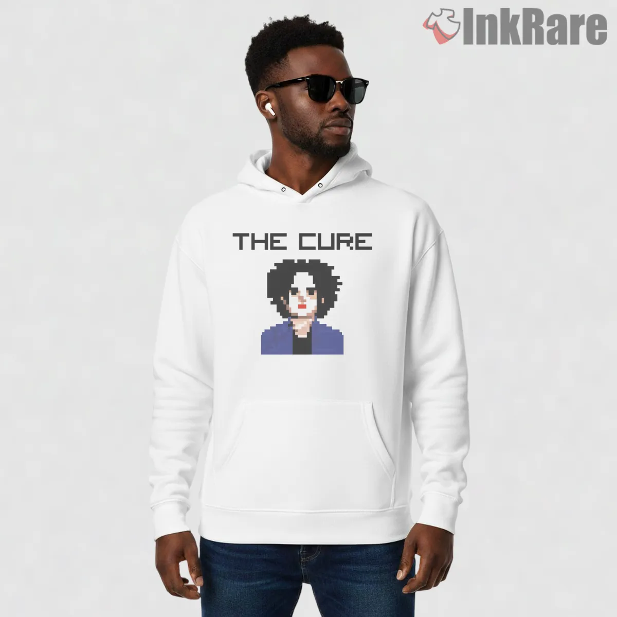 The Cure Pixel Art Retro Gaming Shirt on white hoodie for men graphic tee
