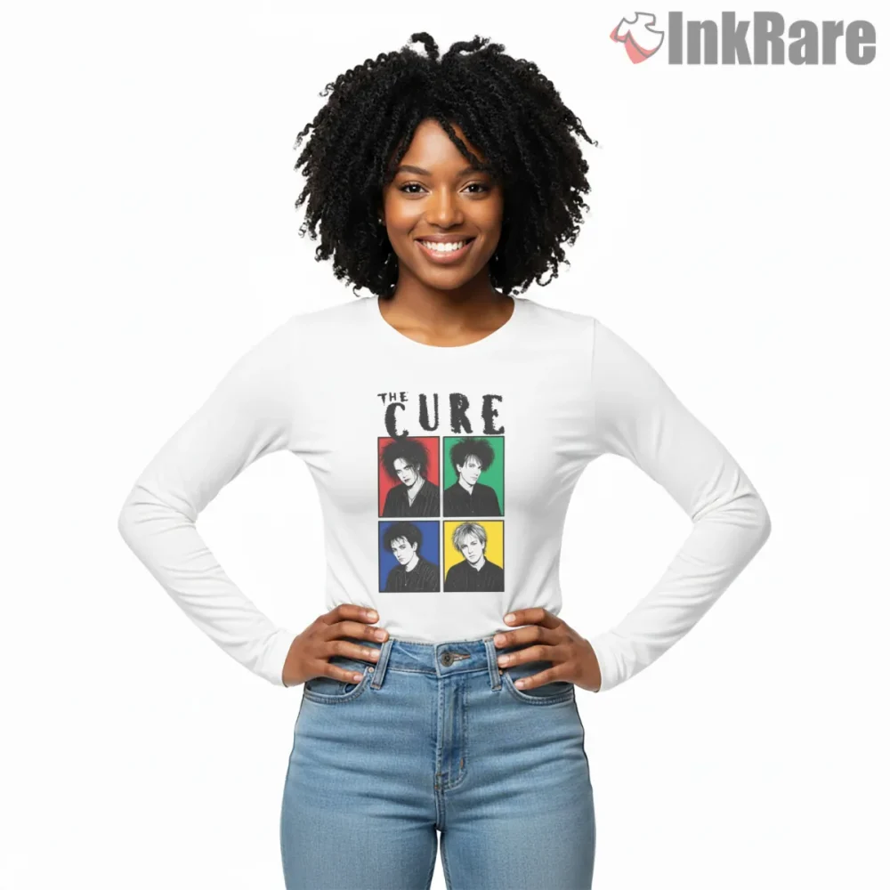 The Cure Pop Art Portrait Grid Shirt on white long sleeve shirt for women graphic tee