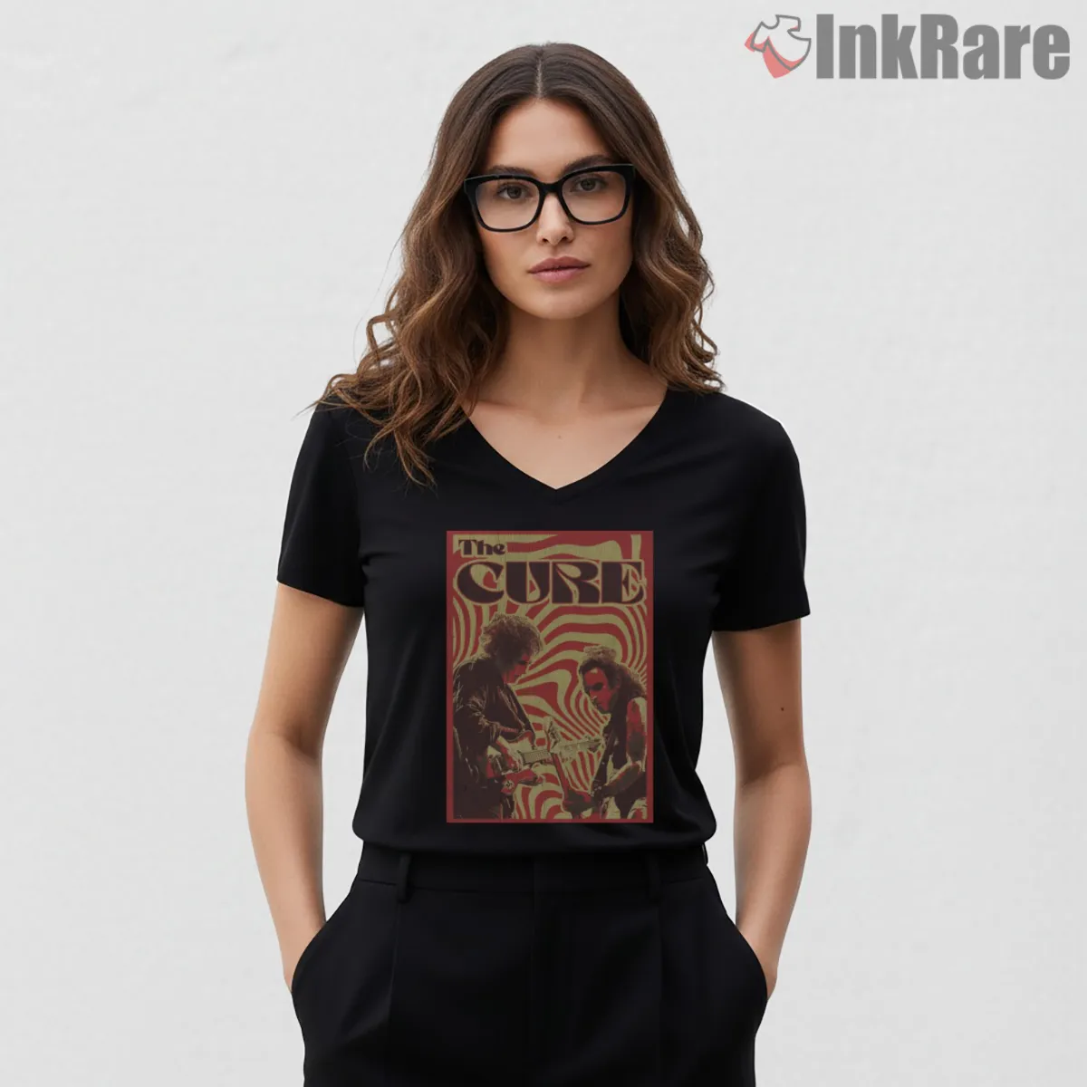 The Cure Psychedelic 90s Concert V Neck Black The Cure Psychedelic 90s Concert Shirt on black v-neck shirt for women graphic tee