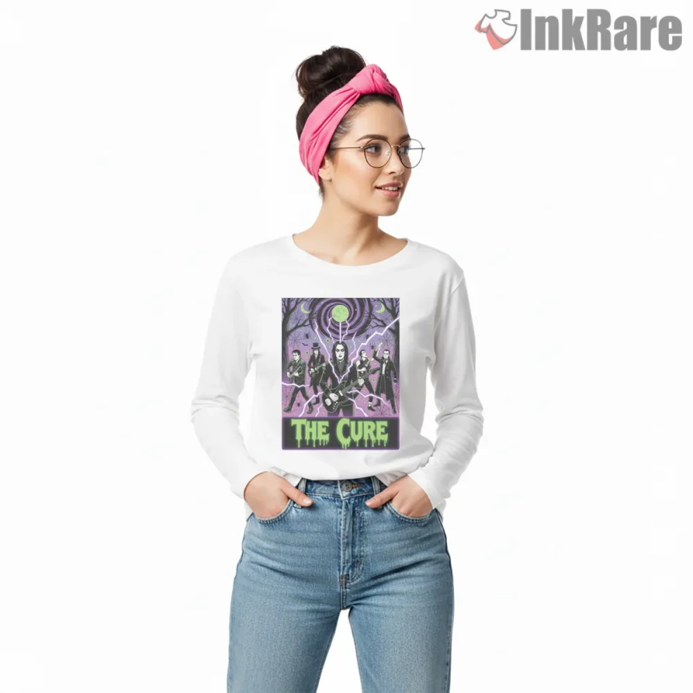 The Cure Psychedelic Comic Stage Shirt on white long sleeve shirt for women graphic tee