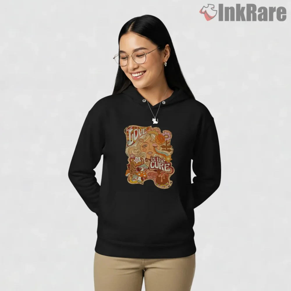 The Cure Psychedelic Love Poster Shirt on black hoodie for women graphic tee