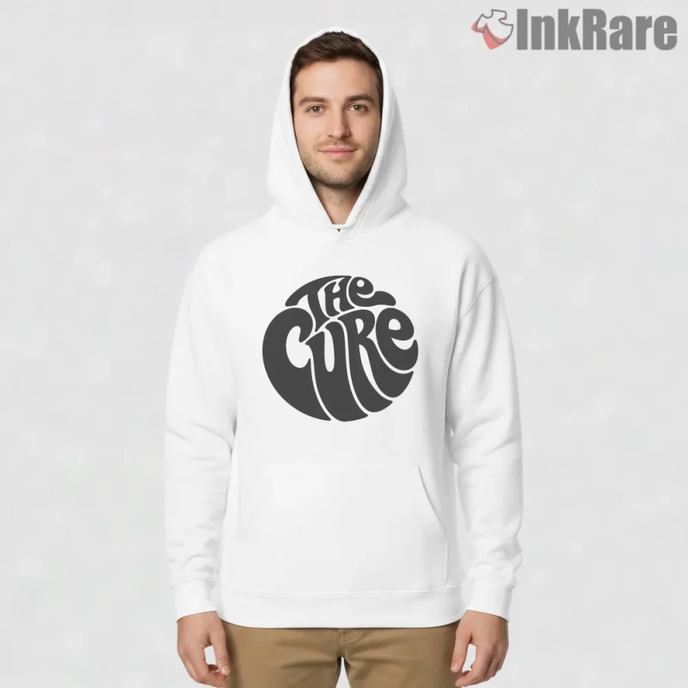 The Cure Psychedelic Swirl Logo Shirt on white hoodie for men graphic tee