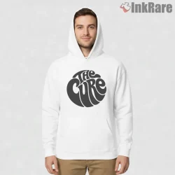 The Cure Psychedelic Swirl Logo Shirt on white hoodie for men graphic tee