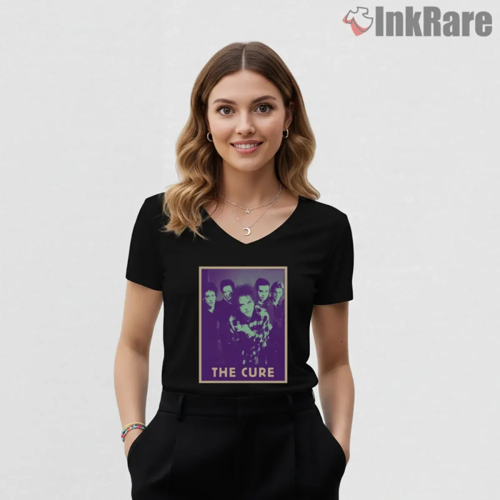 The Cure Purple Vintage Band Portrait Shirt on black v-neck shirt for women graphic tee