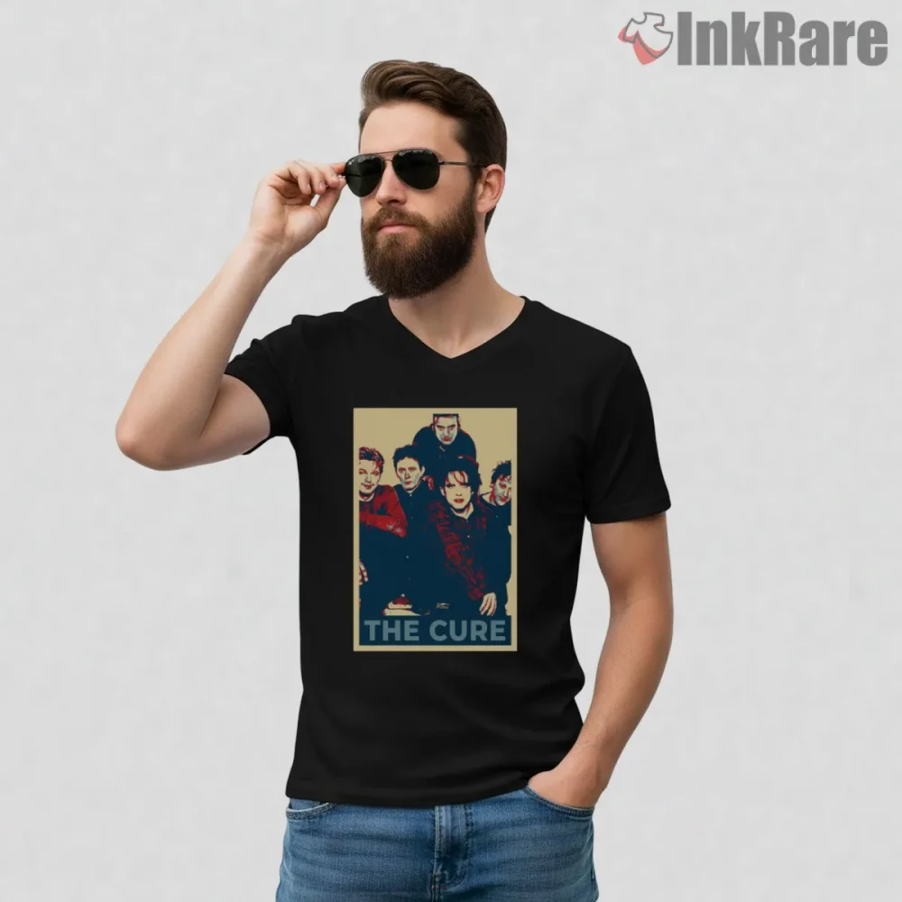 The Cure Retro Band Poster Shirt on black v-neck shirt for men graphic tee