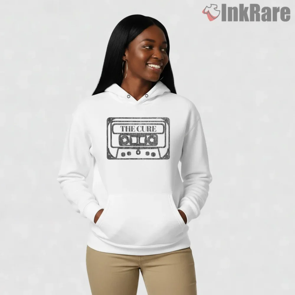 The Cure Retro Cassette Tape Shirt on white hoodie for women graphic tee