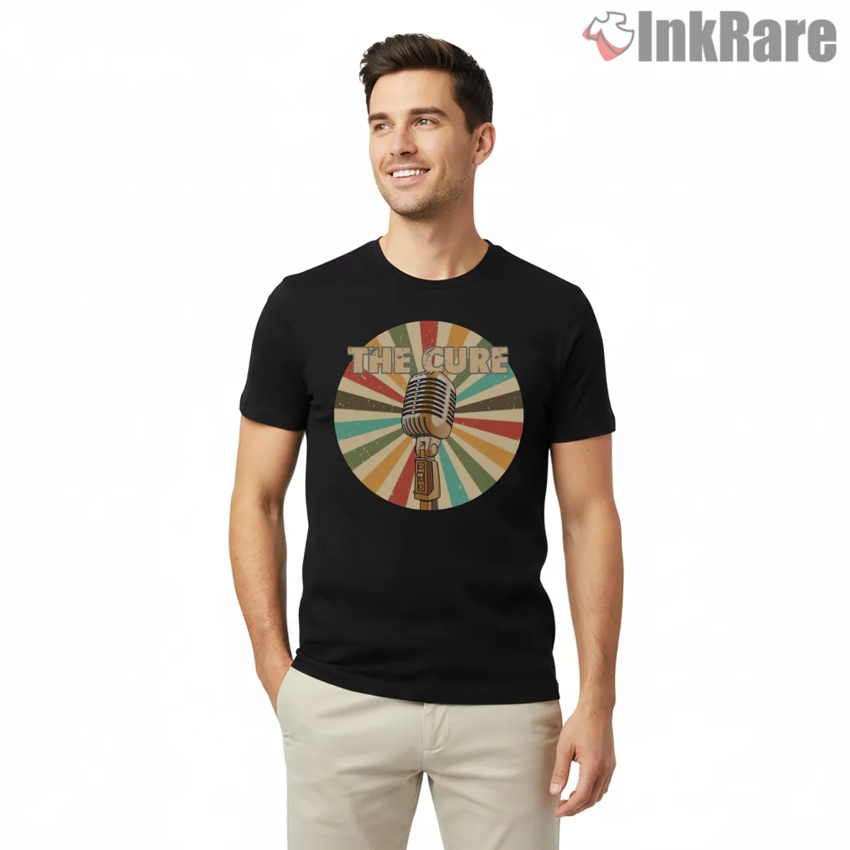 The Cure Retro Microphone Broadcast Shirt on black short sleeve shirt for men graphic tee