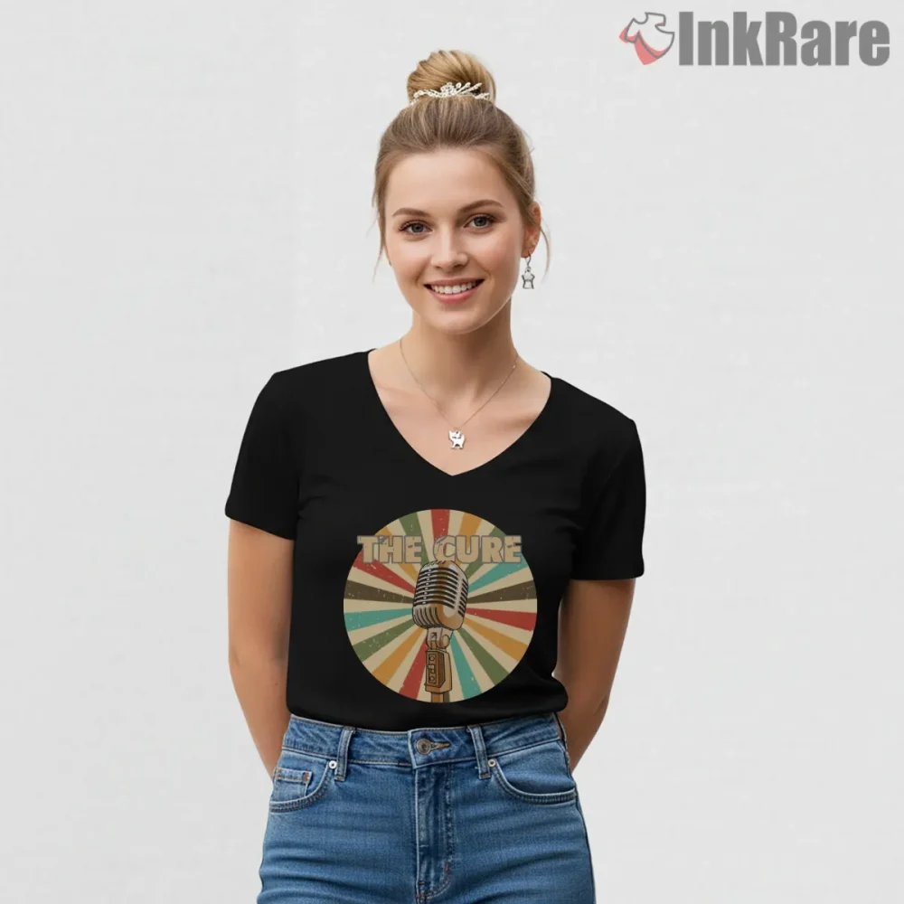 The Cure Retro Microphone Broadcast Shirt on black v-neck shirt for women graphic tee