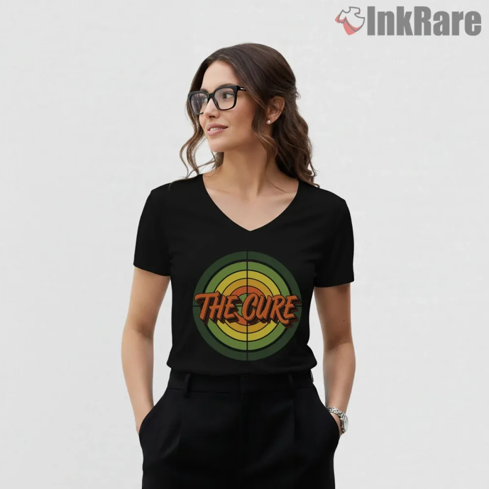 The Cure Retro Mod Target Logo Shirt on black v-neck shirt for women graphic tee