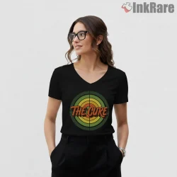 The Cure Retro Mod Target Logo Shirt on black v-neck shirt for women graphic tee