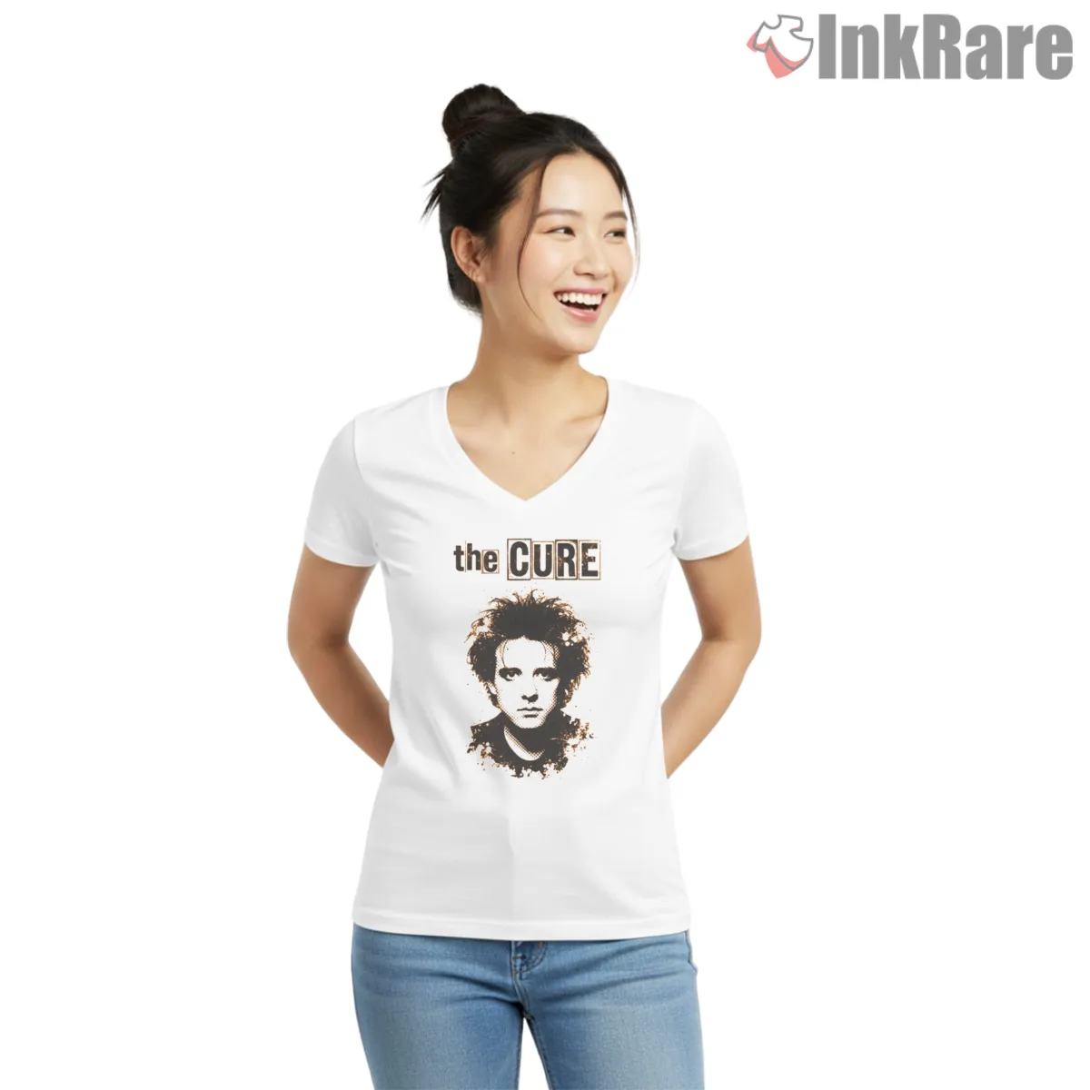 The Cure Robert Smith Vintage Portrait V Neck White The Cure Robert Smith Vintage Portrait Shirt on white v-neck shirt for women graphic tee