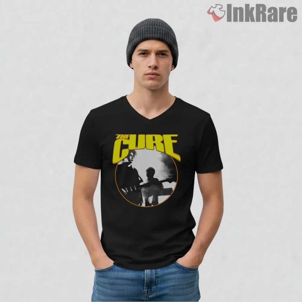 The Cure Shadow Reverie Retro Concert Shirt on black v-neck shirt for men graphic tee
