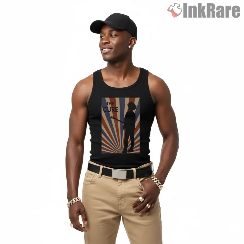 The Cure Sunset Silhouette Retro Shirt on black tank top for men graphic tee