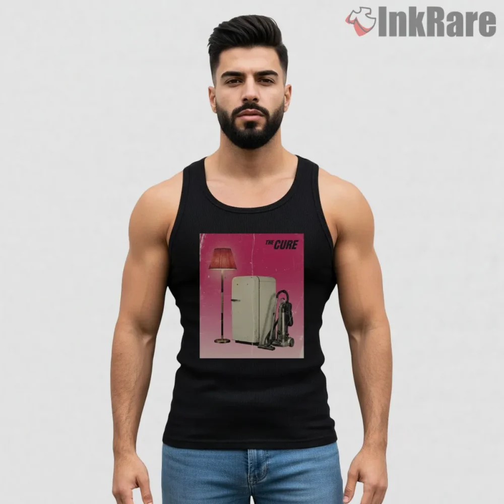 The Cure Three Imaginary Boys Pink Room Shirt on black tank top for men graphic tee