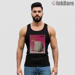 The Cure Three Imaginary Boys Pink Room Shirt on black tank top for men graphic tee