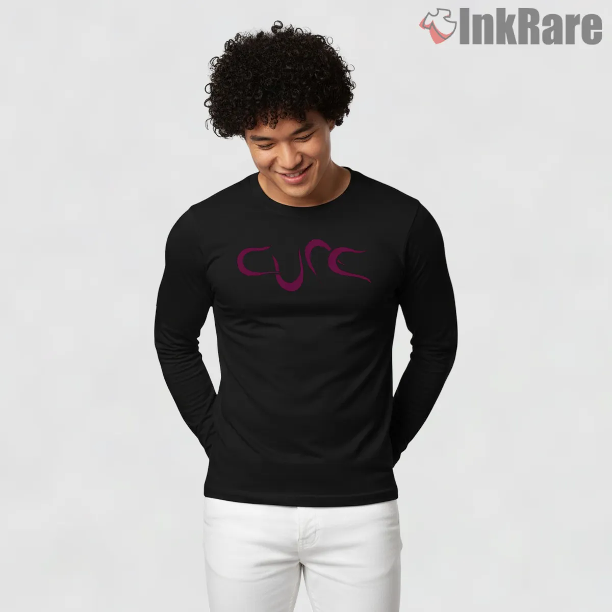 The Cure Wish Era Minimal Logo Shirt on black long sleeve shirt for men graphic tee