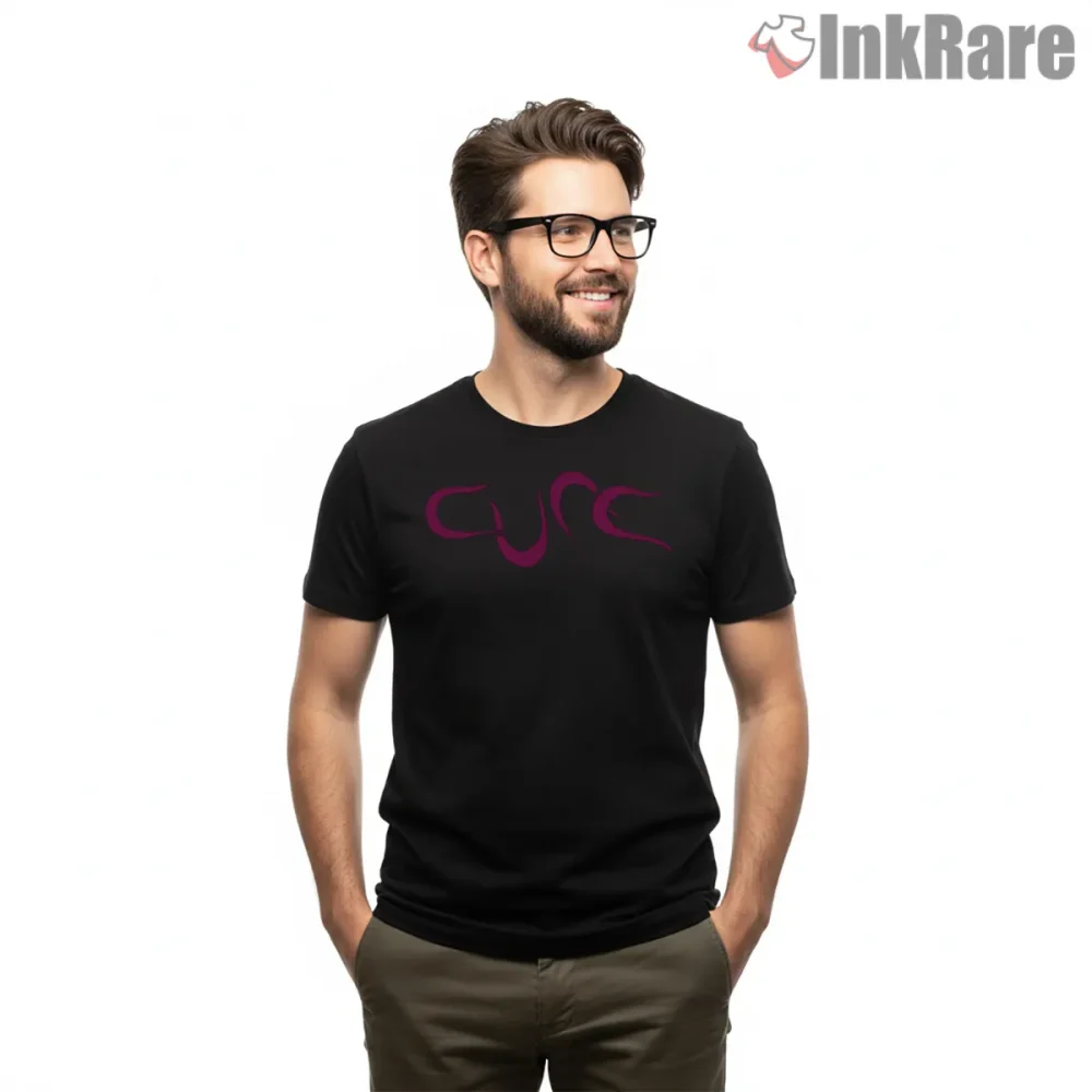 The Cure Wish Era Minimal Logo Shirt on black short sleeve shirt for men graphic tee