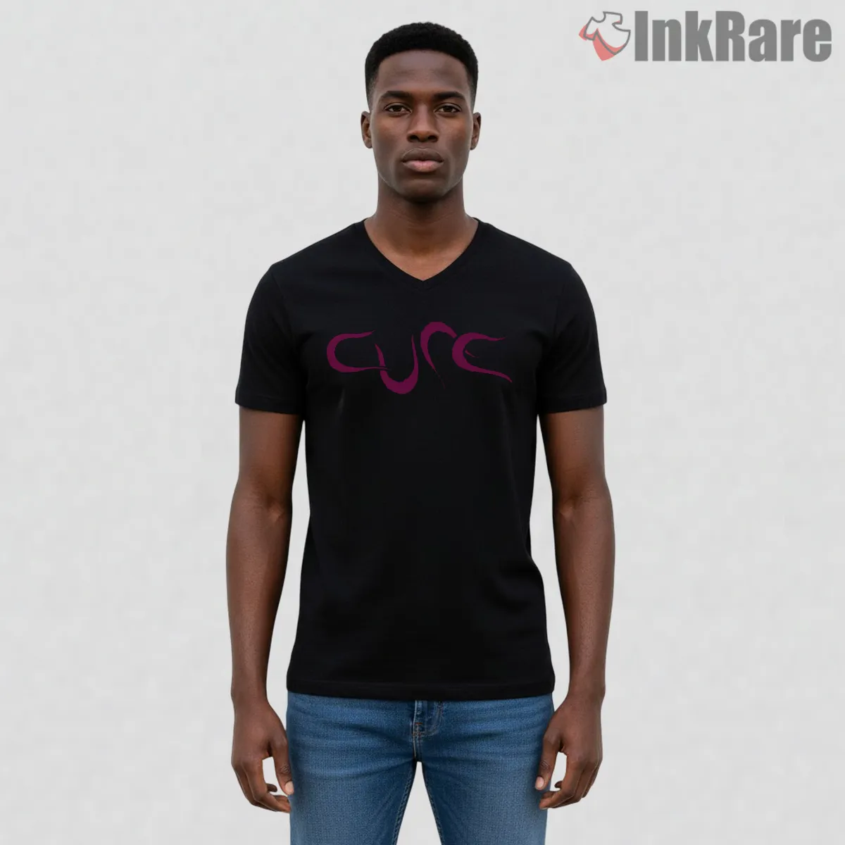 The Cure Wish Era Minimal Logo V Neck Black The Cure Wish Era Minimal Logo Shirt on black v-neck shirt for men graphic tee