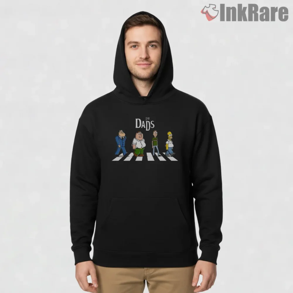 The Dads Abbey Road Cartoon Crossover Parody Shirt on black hoodie for men graphic tee