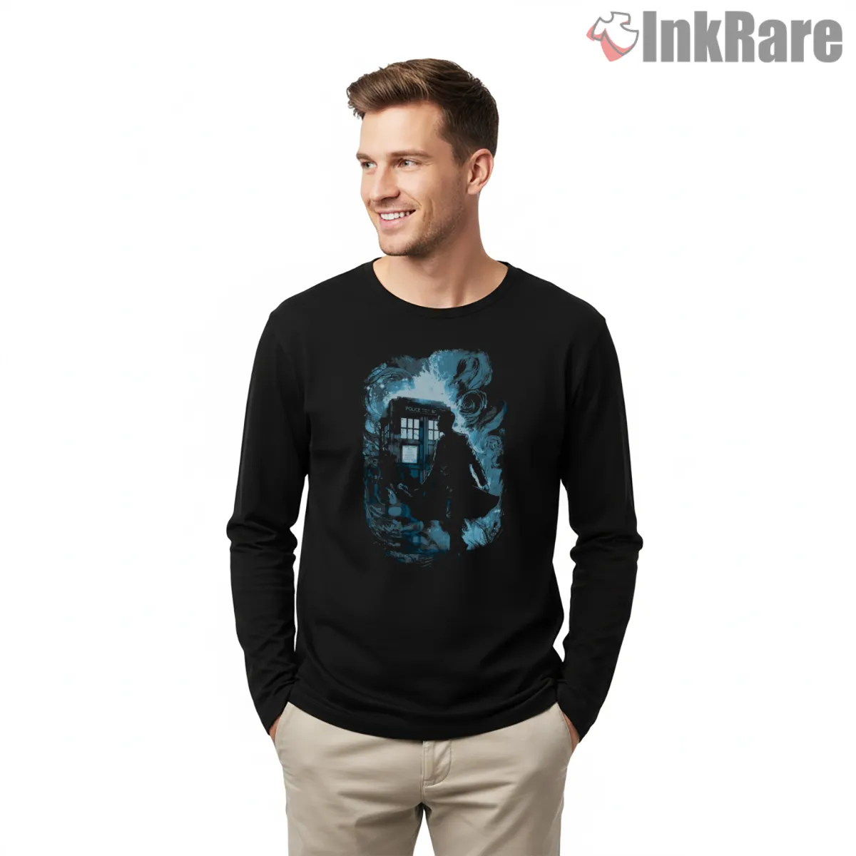 The Doctor Shadow Silhouette Cosmic Smoke Shirt on black long sleeve shirt for men graphic tee