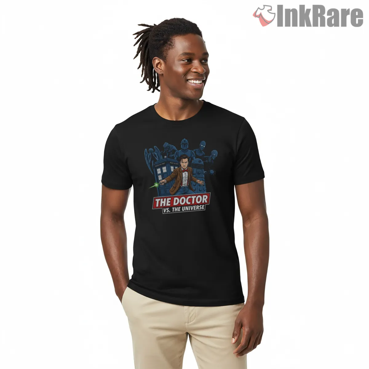 The Doctor Vs The Universe Eleventh Doctor Action Short Sleeve Black The Doctor Vs The Universe Eleventh Doctor Action Shirt on black short sleeve shirt for men graphic tee