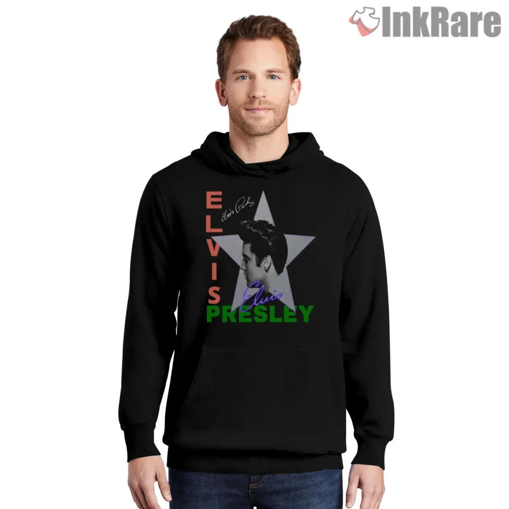 The Elvis Presley Band Star Emblem Shirt on black hoodie for men graphic tee