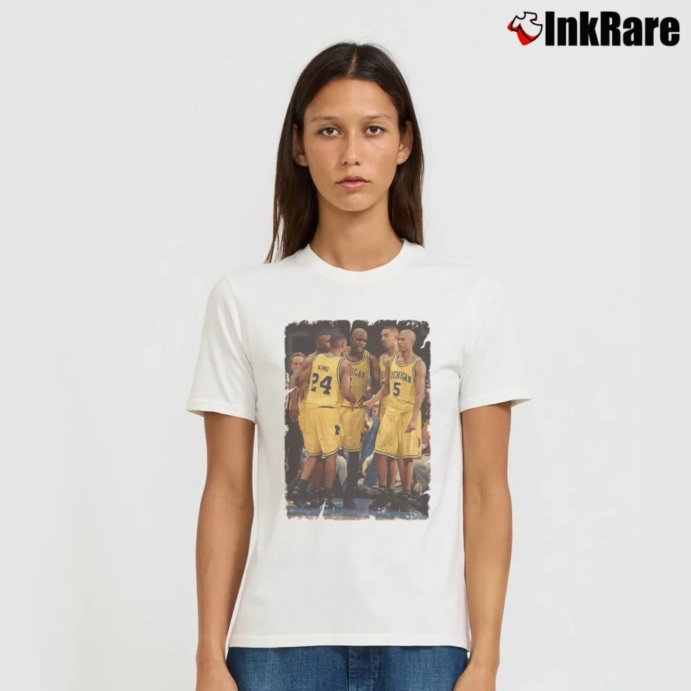 Women’s The Fab Five Michigan for College Basketball Fans Signature T-Shirt in white | Soft, Flattering Fit