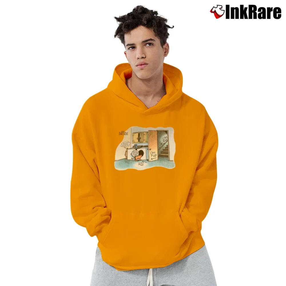 Men’s The Far Side Cat Trap 90s Comic Pullover Hoodie in orange | Cozy, Durable, Modern Fit