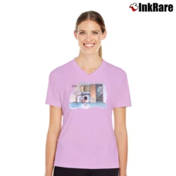 Women’s The Far Side Cat Trap 90s Comic V-Neck Tee in light pink | Chic Neckline, Soft Texture