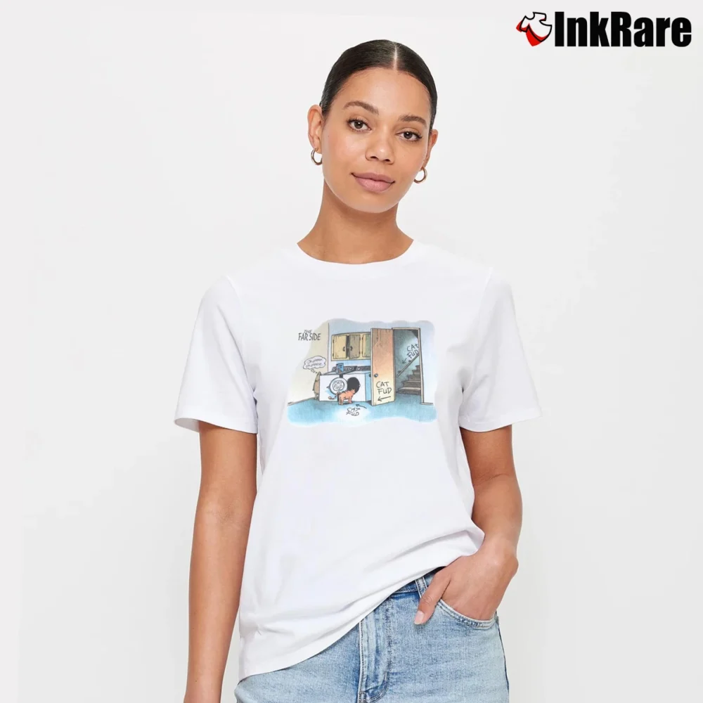 Women’s The Far Side Cat Trap Gary Larsen Classic Signature T-Shirt in white | Soft, Flattering Fit