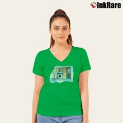 Women’s The Far Side Cat Trap Gary Larson 90s Comic Graphic V-Neck Tee in irish green | Chic Neckline, Soft Texture