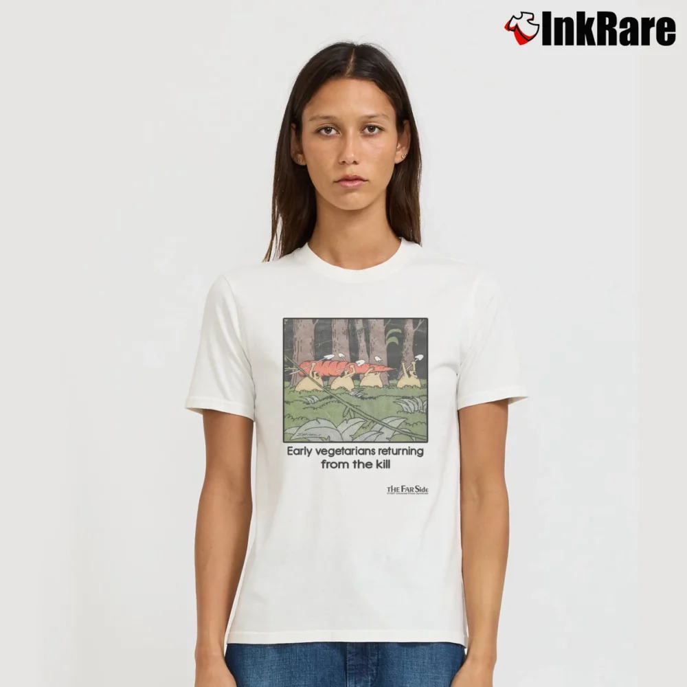Women’s The Far Side Vegan Comic 90s Vegetarian Signature T-Shirt in white | Soft, Flattering Fit