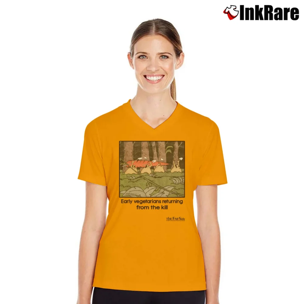 Women’s The Far Side Vegan Comic 90s Vegetarian V-Neck Tee in orange | Chic Neckline, Soft Texture