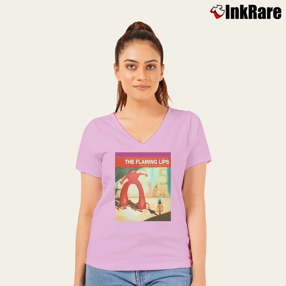 Women’s The Flaming Lips Yoshimi Battles The Pink Robots V-Neck Tee in light pink | Chic Neckline, Soft Texture