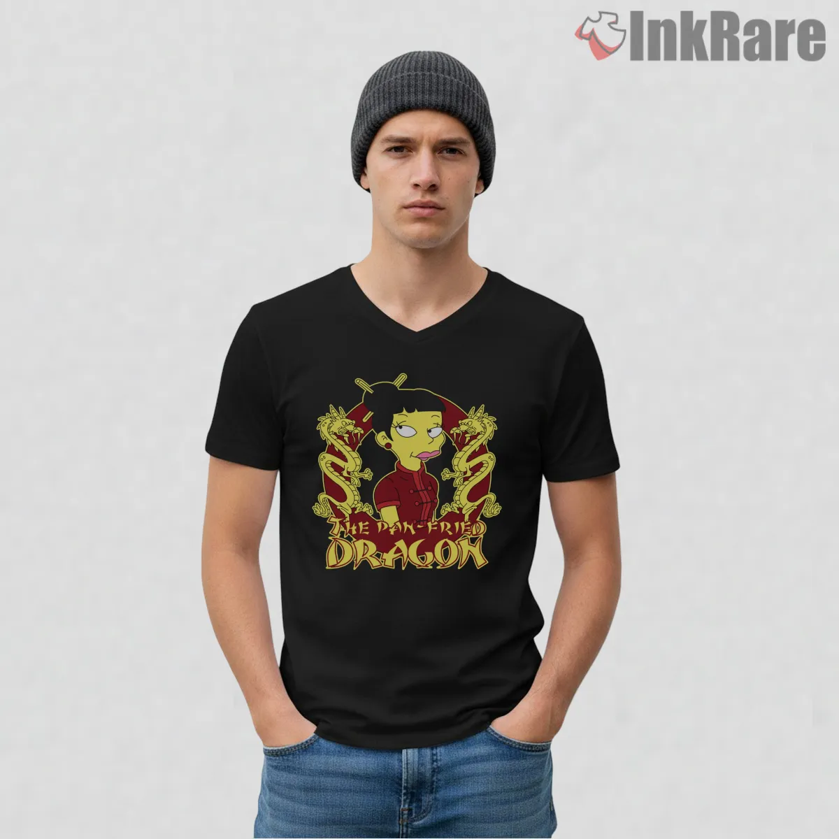 The Frying Dragon Springfield Chinese Restaurant Logo V Neck Black The Frying Dragon Springfield Chinese Restaurant Logo Shirt on black v-neck shirt for men graphic tee