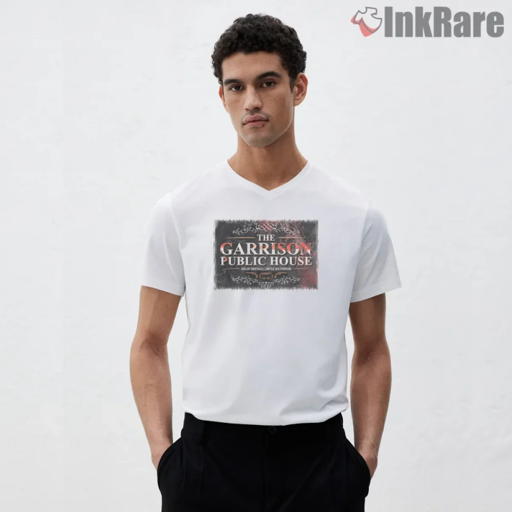 The Garrison Public House Vintage Sign Graphic Shirt on white v-neck shirt for men graphic tee