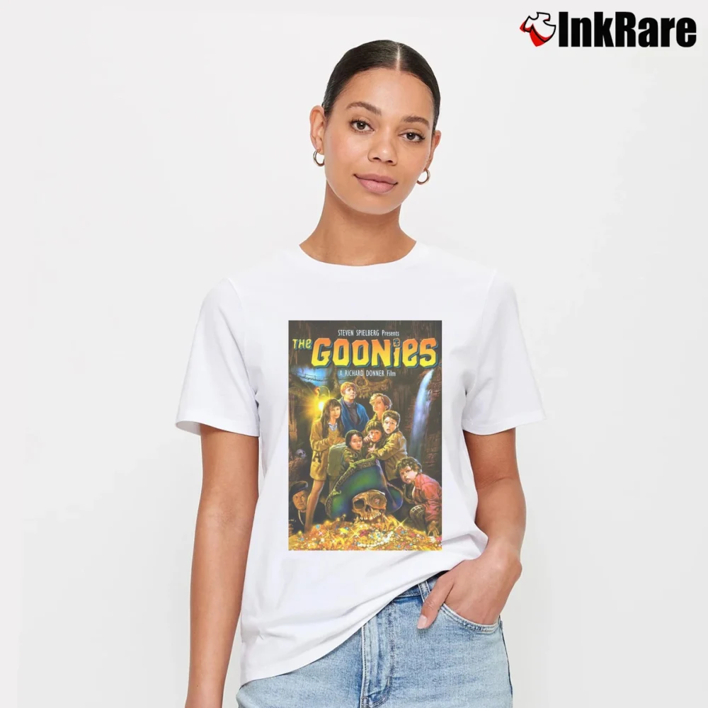 Women’s The Goonies Movie Poster Signature T-Shirt in white | Soft, Flattering Fit
