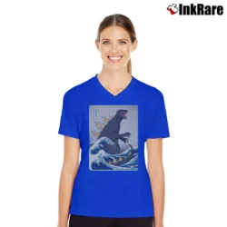 Women’s The Great Godzilla Off Kanagawa Japanese Art V-Neck Tee in royal blue | Chic Neckline, Soft Texture