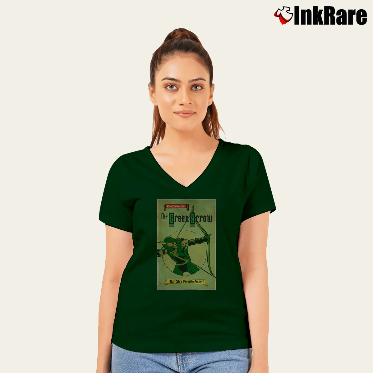 Women’s The Green Arrow Dc V-Neck Tee in forest green | Chic Neckline, Soft Texture