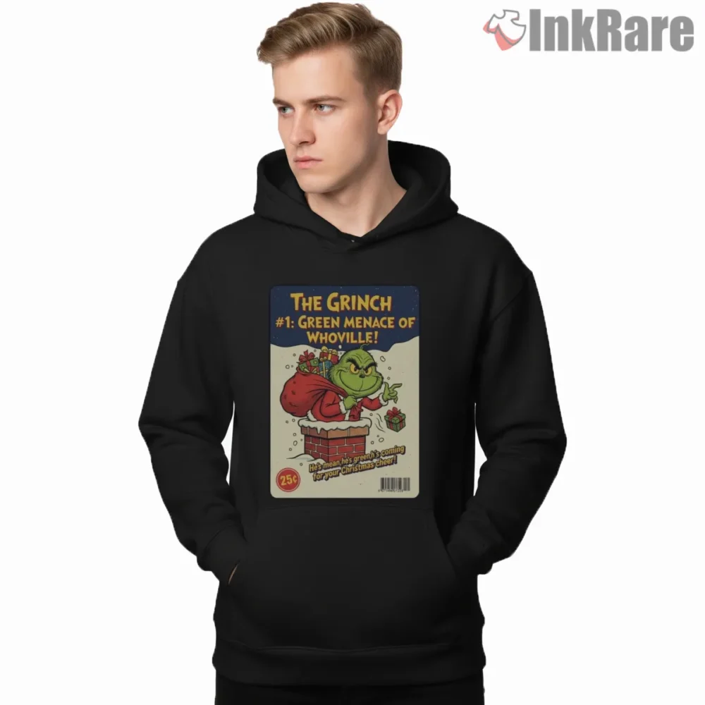 The Grinch 1 Green Menace Of Whoville Comic Cover Shirt on black hoodie for men graphic tee