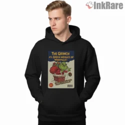 The Grinch 1 Green Menace Of Whoville Comic Cover Shirt on black hoodie for men graphic tee