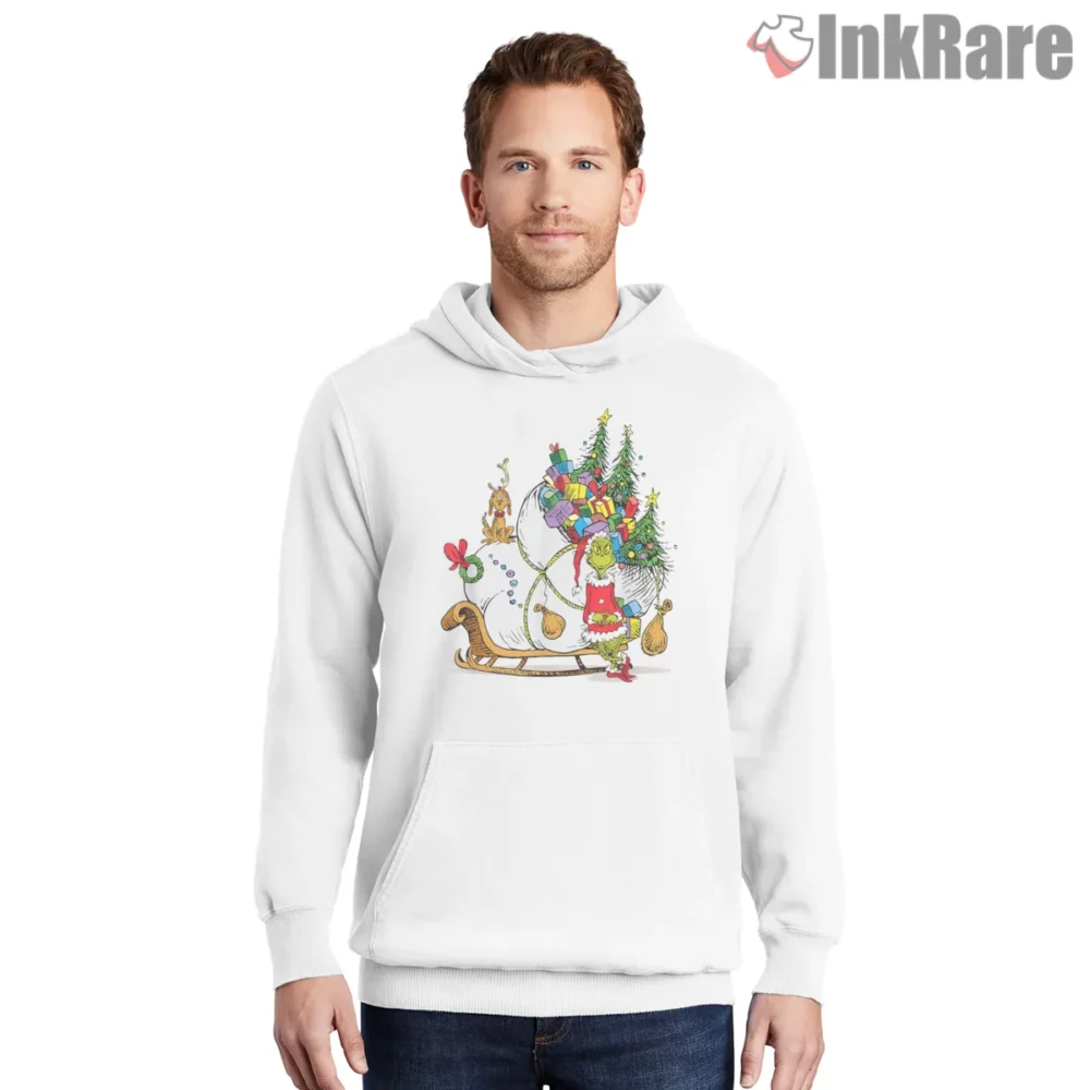 The Grinch Christmas Sleigh Gift Pile Illustration Shirt on white hoodie for men graphic tee