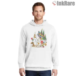 The Grinch Christmas Sleigh Gift Pile Illustration Shirt on white hoodie for men graphic tee