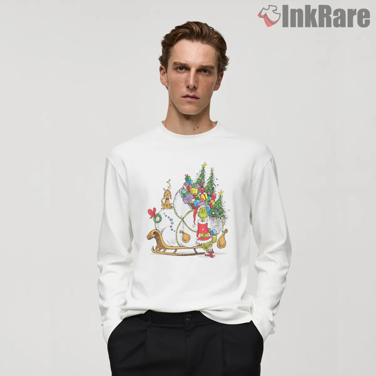 The Grinch Christmas Sleigh Gift Pile Illustration Shirt on white long sleeve shirt for men graphic tee